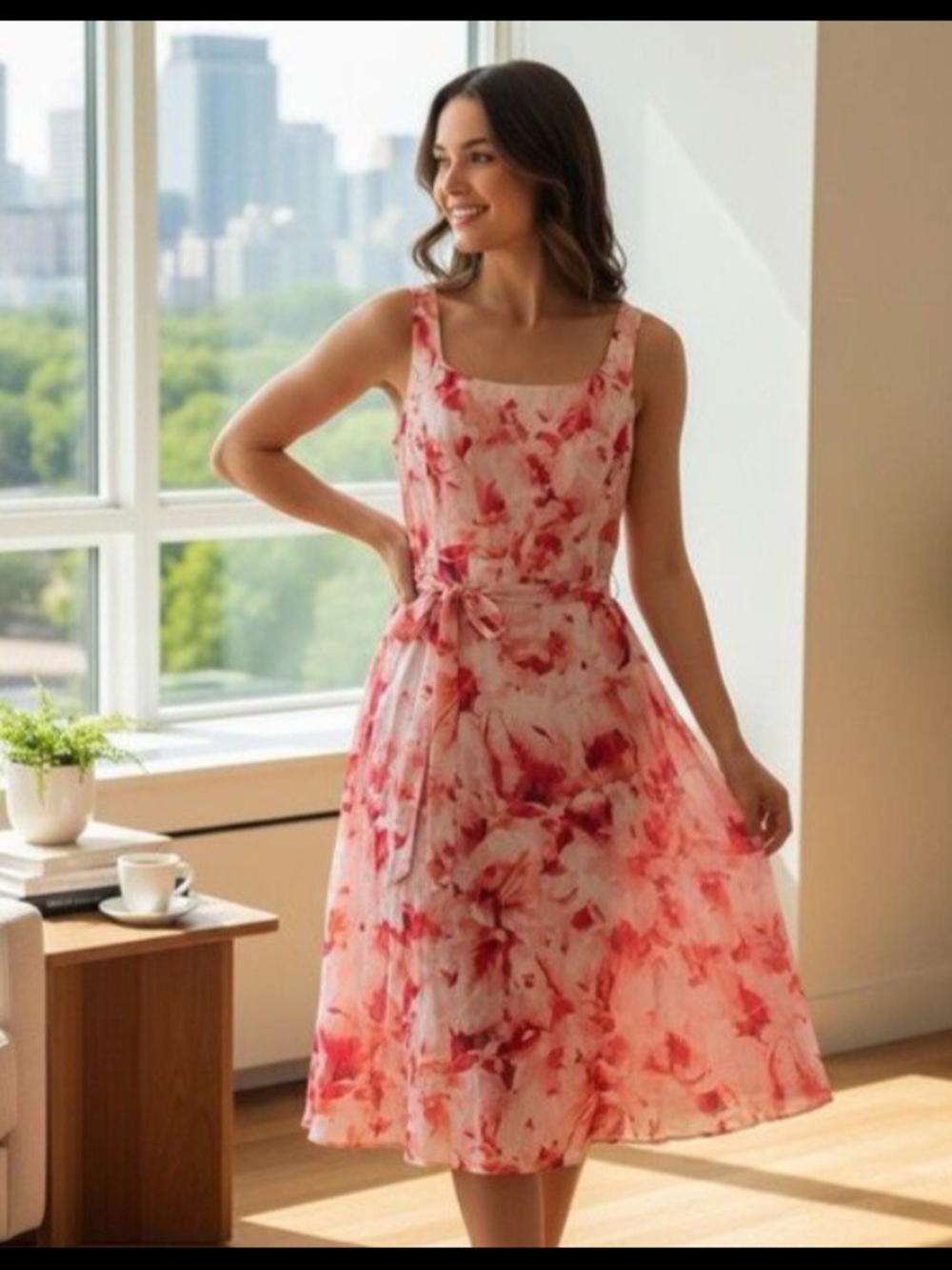 Carmen Marc Valvo Pink and Coral Floral Tie-Waist Midi Dress